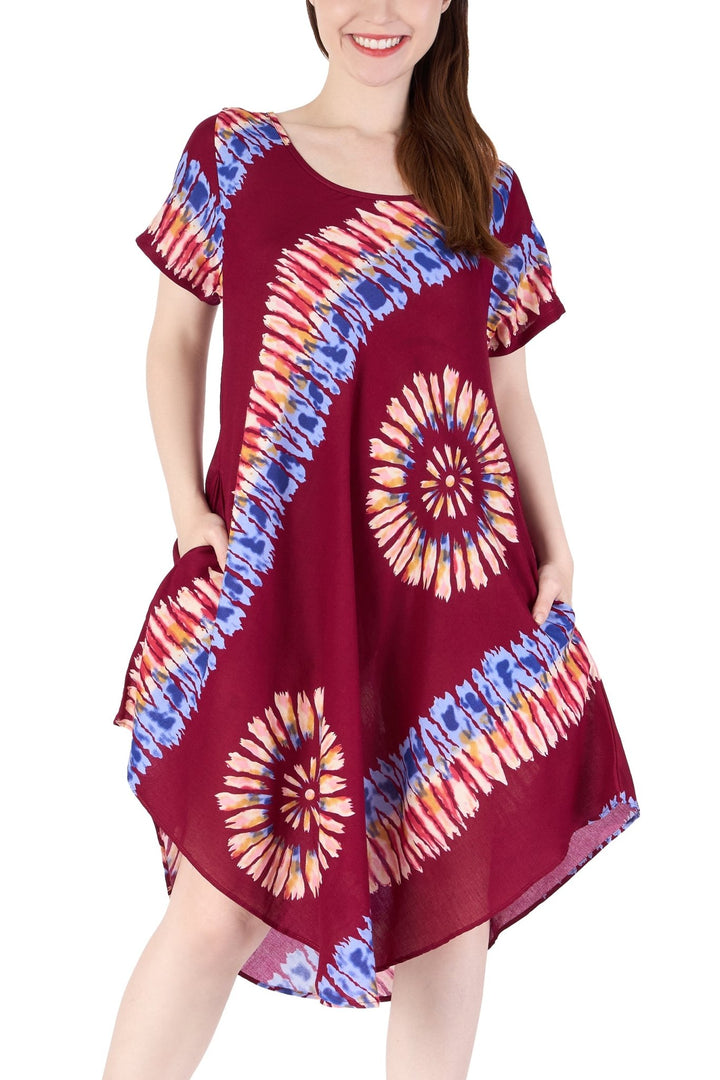Burgundy Printed Colorful Dress with Sleeves and Two Pockets - Lannaclothesdesign Shop