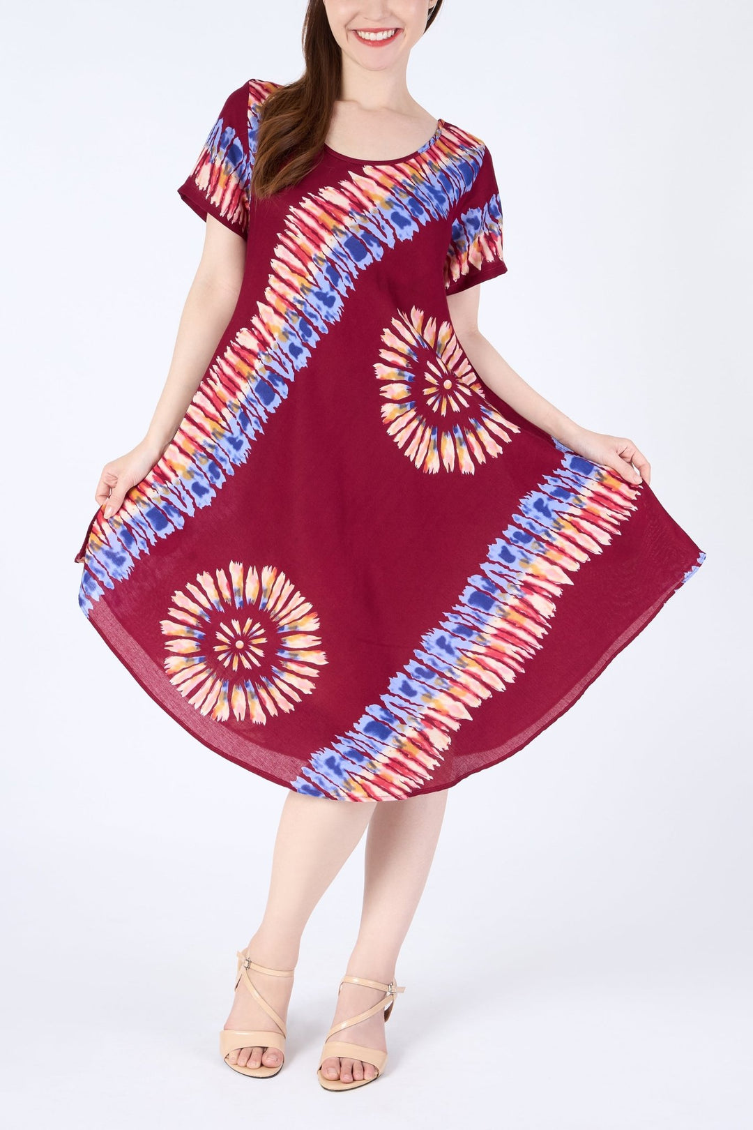 Burgundy Printed Colorful Dress with Sleeves and Two Pockets - Lannaclothesdesign Shop