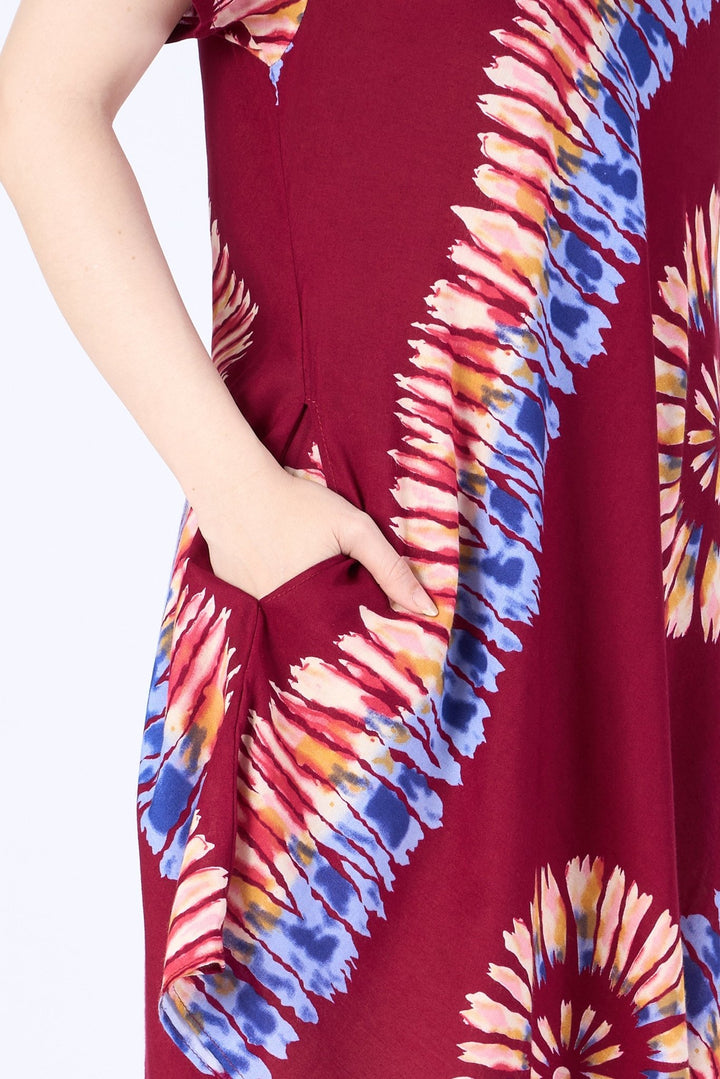 Burgundy Printed Colorful Dress with Sleeves and Two Pockets - Lannaclothesdesign Shop