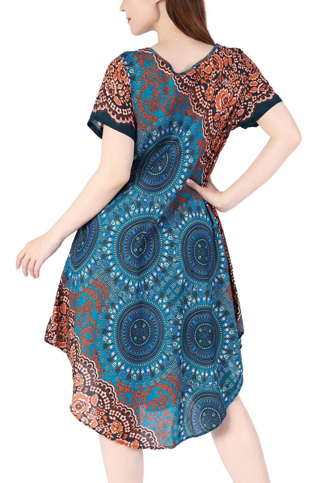 Teal Rose Circle Fabric Dress with Sleeves and Two Pockets - Lannaclothesdesign Shop