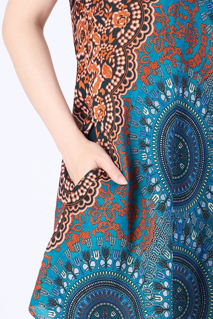 Teal Rose Circle Fabric Dress with Sleeves and Two Pockets - Lannaclothesdesign Shop