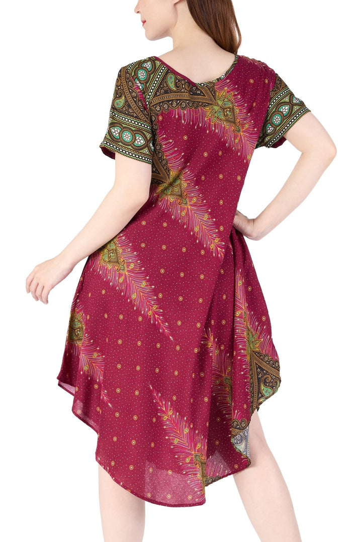 Burgundy Peacock Fabric Dress with Sleeves and Two Pockets - Lannaclothesdesign Shop