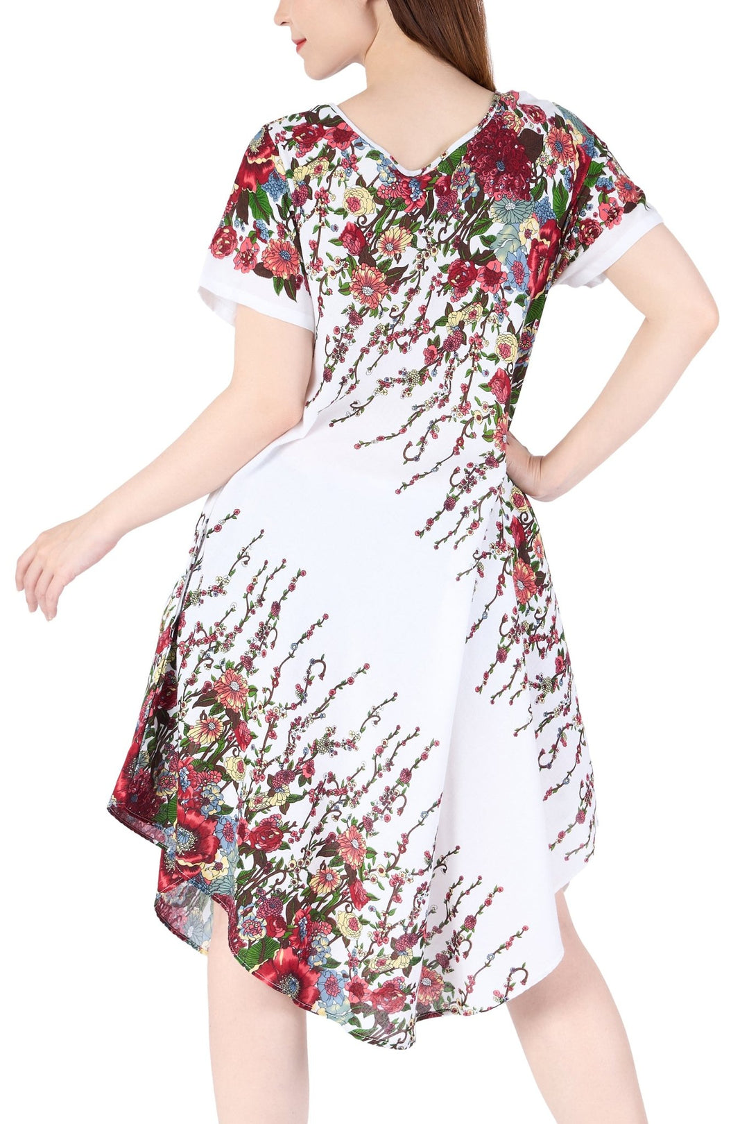 White Flower fabric Dress with Sleeves and Two Pockets - Lannaclothesdesign Shop