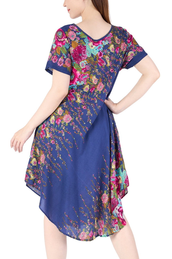 Dark Blue Flower fabric Dress with Sleeves and Two Pockets - Lannaclothesdesign Shop