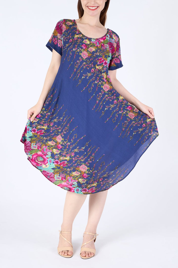Dark Blue Flower fabric Dress with Sleeves and Two Pockets - Lannaclothesdesign Shop
