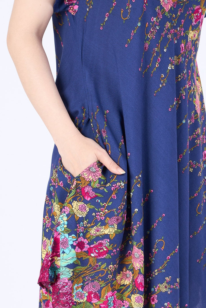 Dark Blue Flower fabric Dress with Sleeves and Two Pockets - Lannaclothesdesign Shop