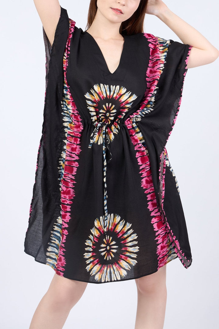 Rayon Boho Tops Dress Kimono - Black Printed Colorful - Lannaclothesdesign Shop