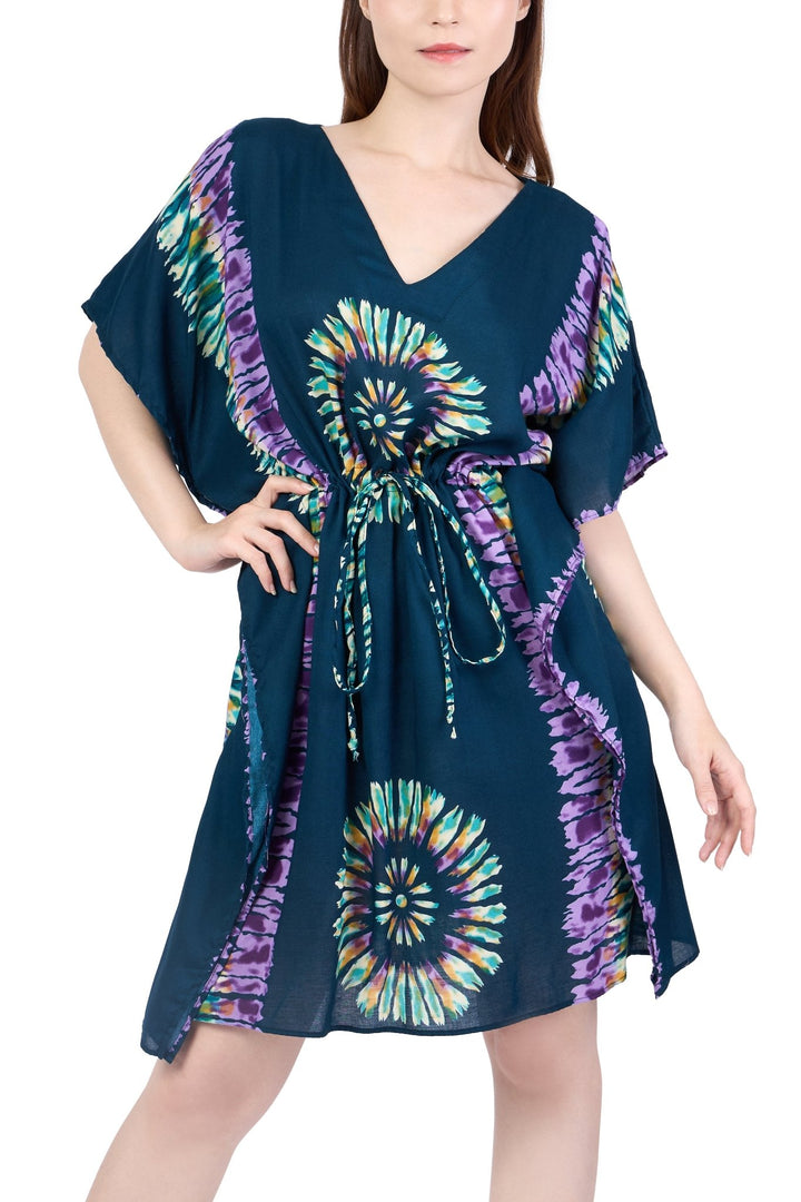 Rayon Boho Tops Dress Kimono - Teal Printed Colorful - Lannaclothesdesign Shop