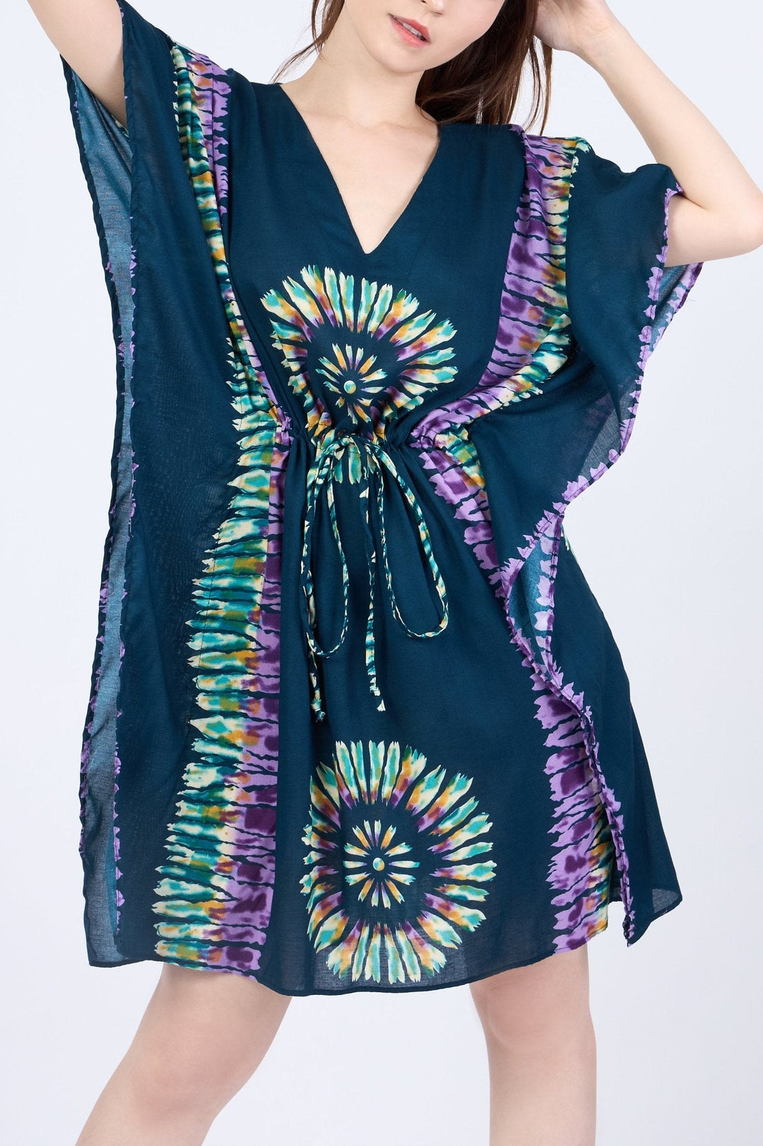 Rayon Boho Tops Dress Kimono - Teal Printed Colorful - Lannaclothesdesign Shop