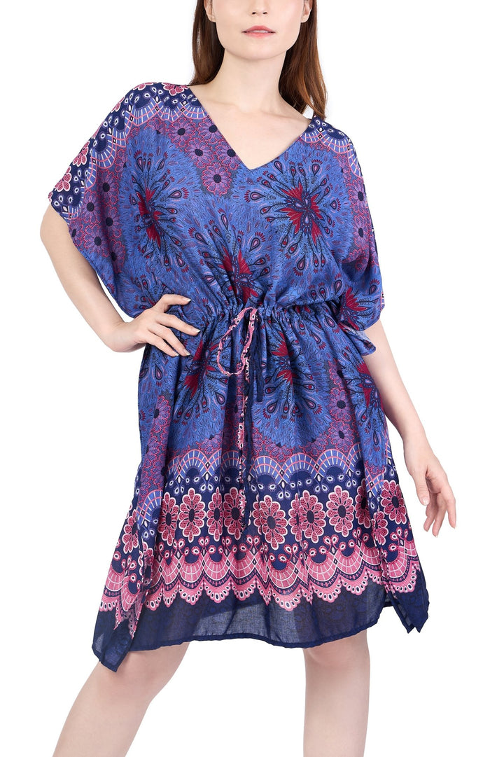 Rayon Boho Tops Dress Kimono - Dark Blue Flower Mandala - Lannaclothesdesign Shop