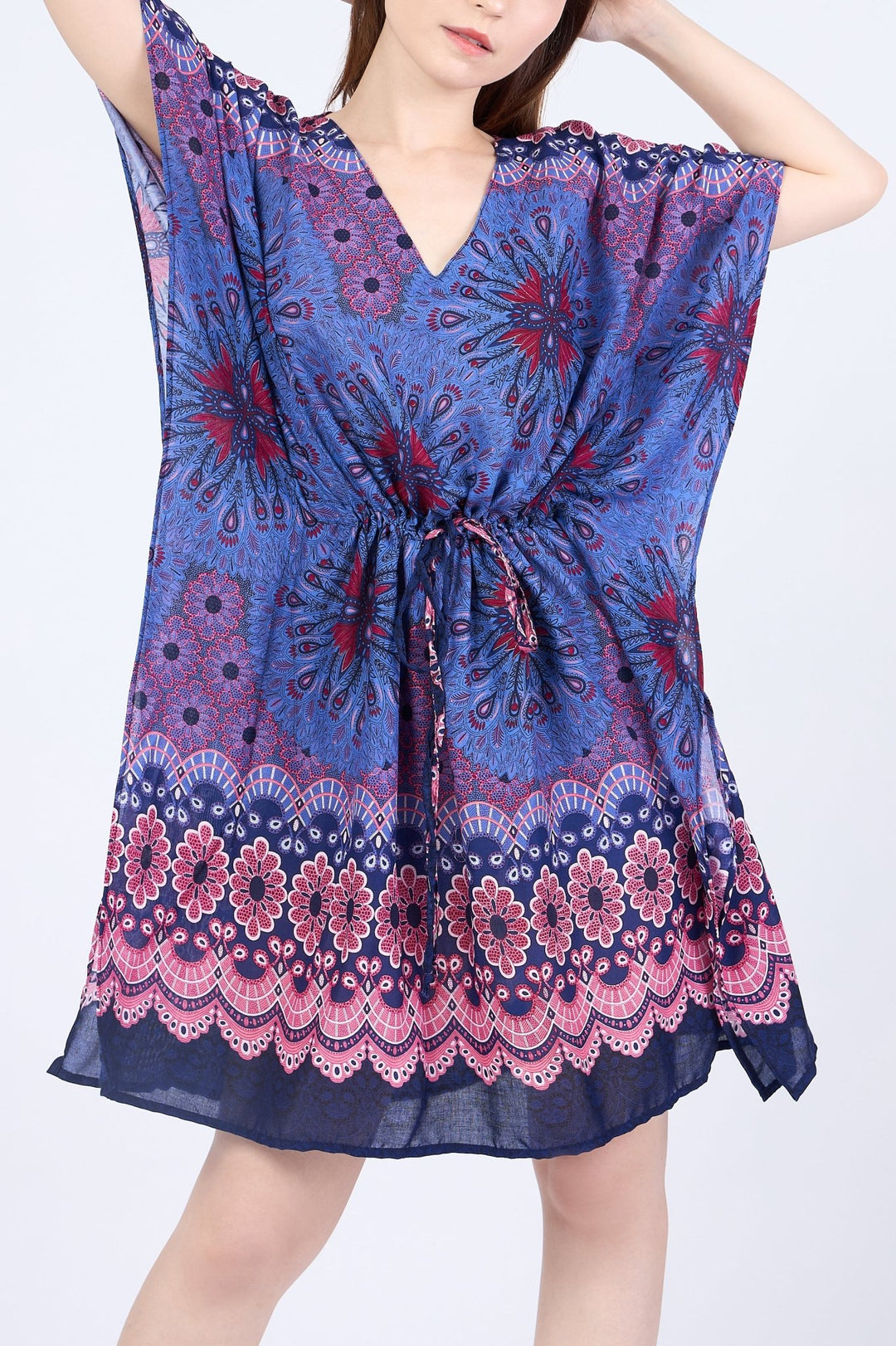 Rayon Boho Tops Dress Kimono - Dark Blue Flower Mandala - Lannaclothesdesign Shop