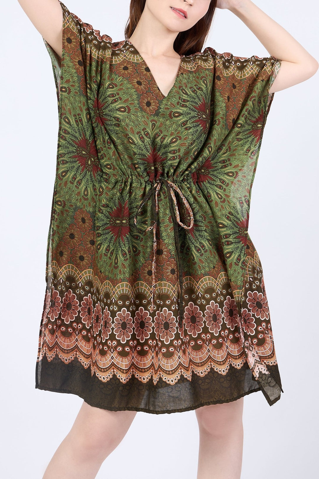 Rayon Boho Tops Dress Kimono - Green Flower Mandala - Lannaclothesdesign Shop
