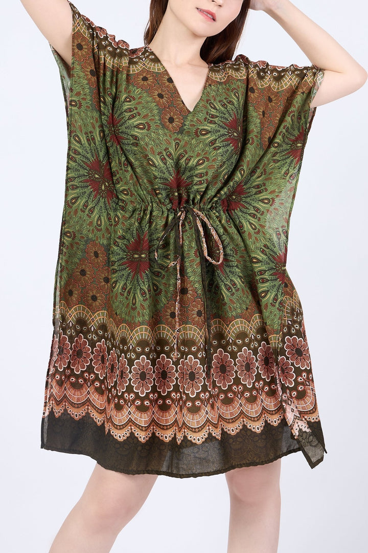 Rayon Boho Tops Dress Kimono - Green Flower Mandala - Lannaclothesdesign Shop