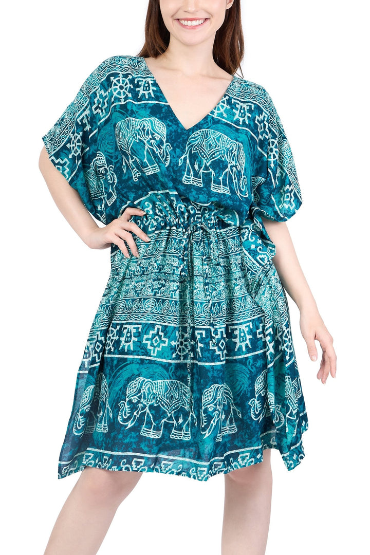Rayon Boho Tops Dress Kimono - Teal Elephant - Lannaclothesdesign Shop