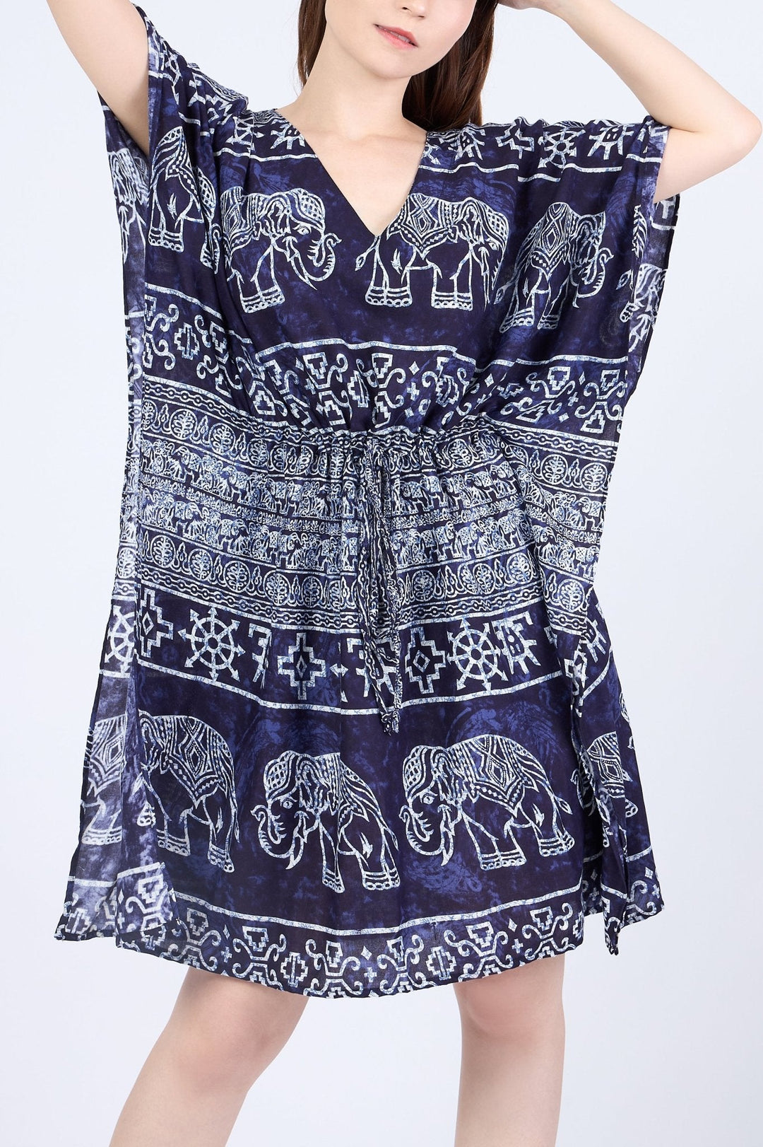 Rayon Boho Tops Dress Kimono - Dark Blue Elephant - Lannaclothesdesign Shop