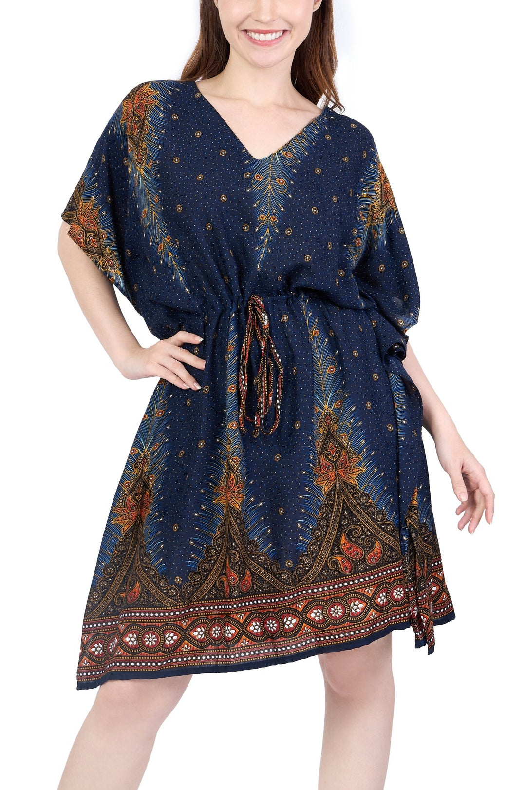 Rayon Boho Tops Dress Kimono - Dark Blue Peacock - Lannaclothesdesign Shop
