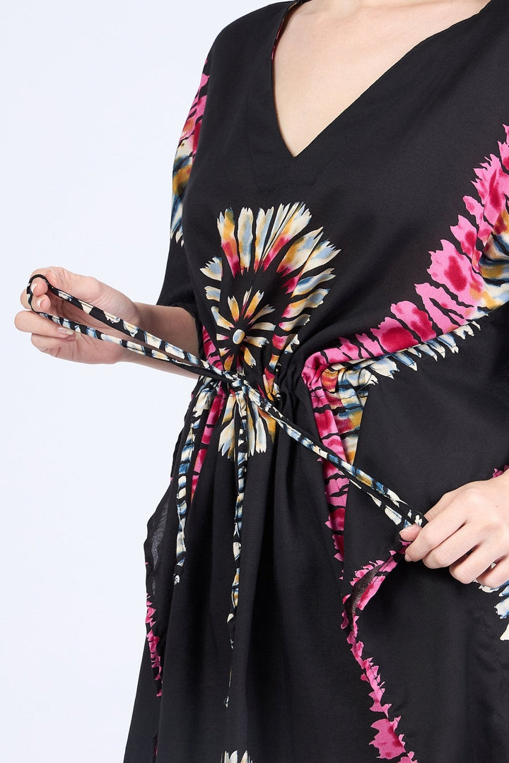 Rayon Boho Tops Dress Kimono - Black Printed Colorful - Lannaclothesdesign Shop