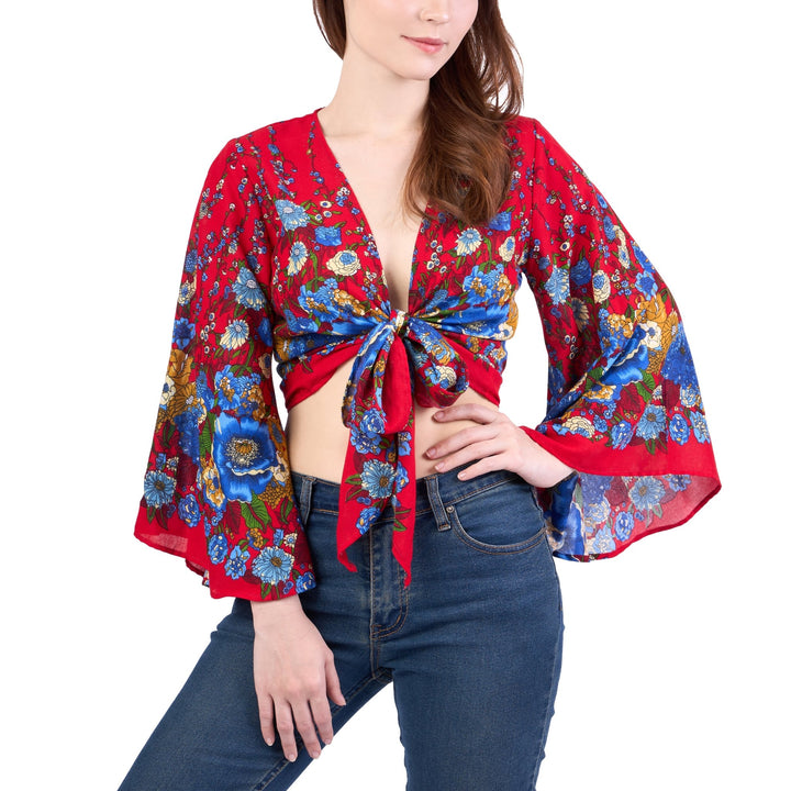 Flower Women Boho Wrap Top - Casual Shirt - Red - Lannaclothesdesign Shop