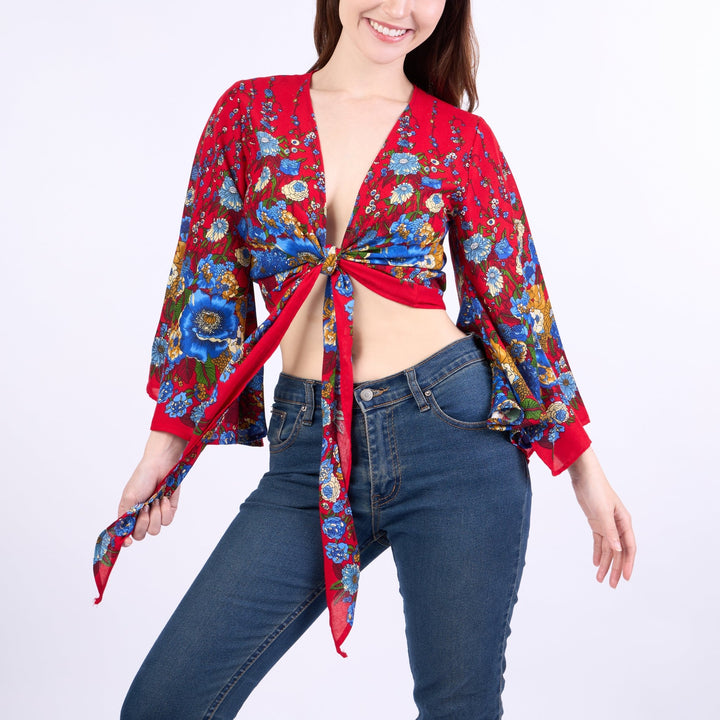 Flower Women Boho Wrap Top - Casual Shirt - Red - Lannaclothesdesign Shop