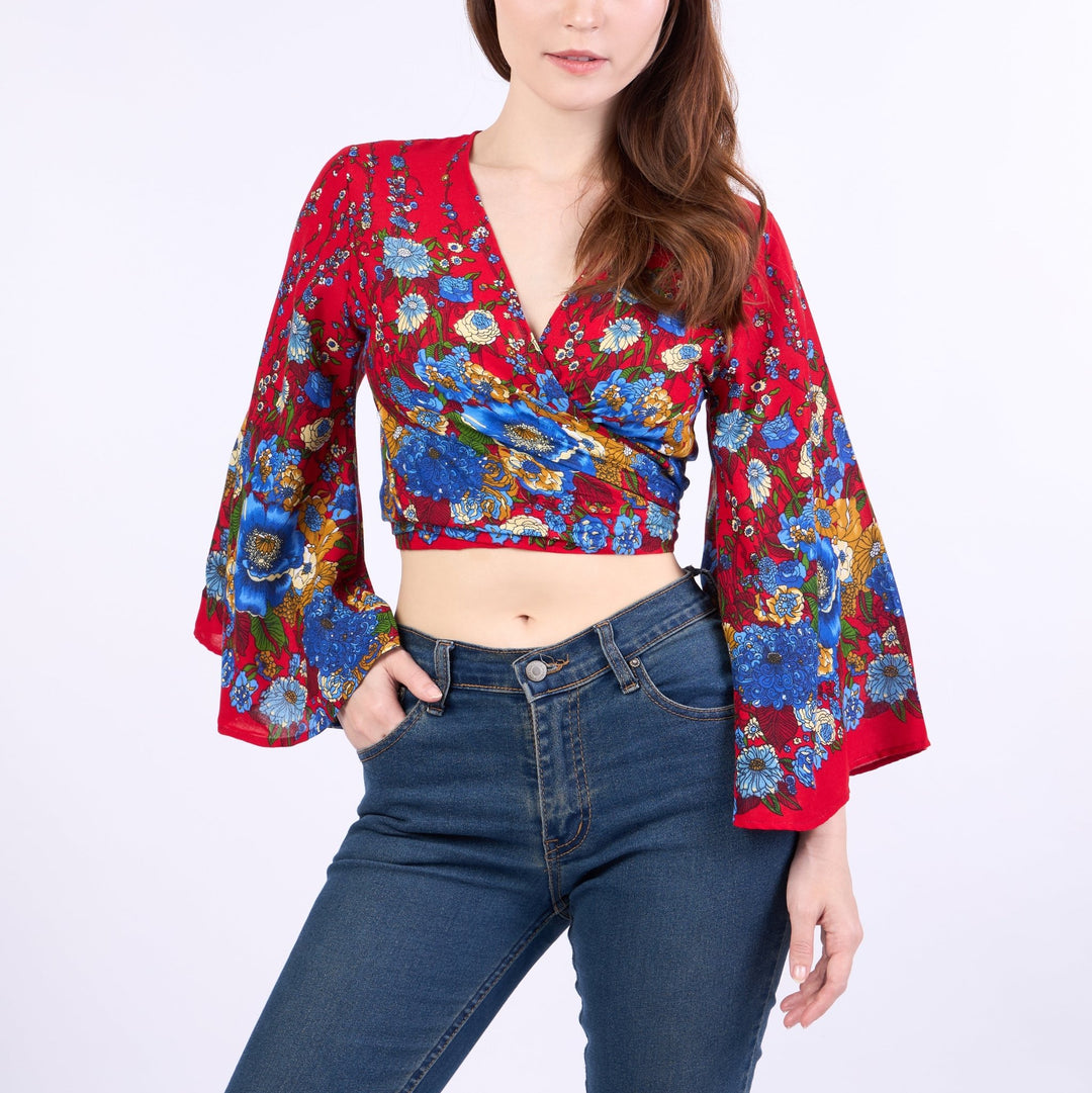 Flower Women Boho Wrap Top - Casual Shirt - Red - Lannaclothesdesign Shop