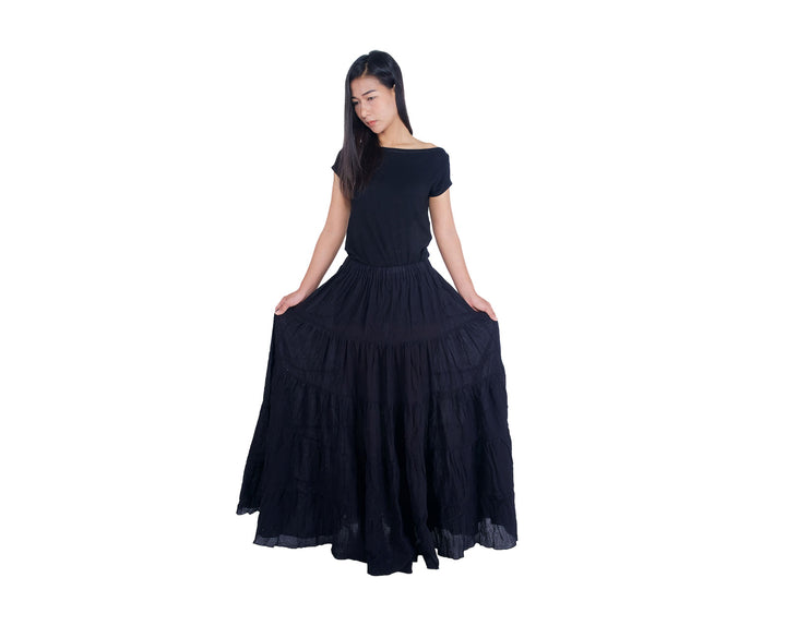 BLACK COTTON MAXI RUFFLE SKIRT - Lannaclothesdesign Shop