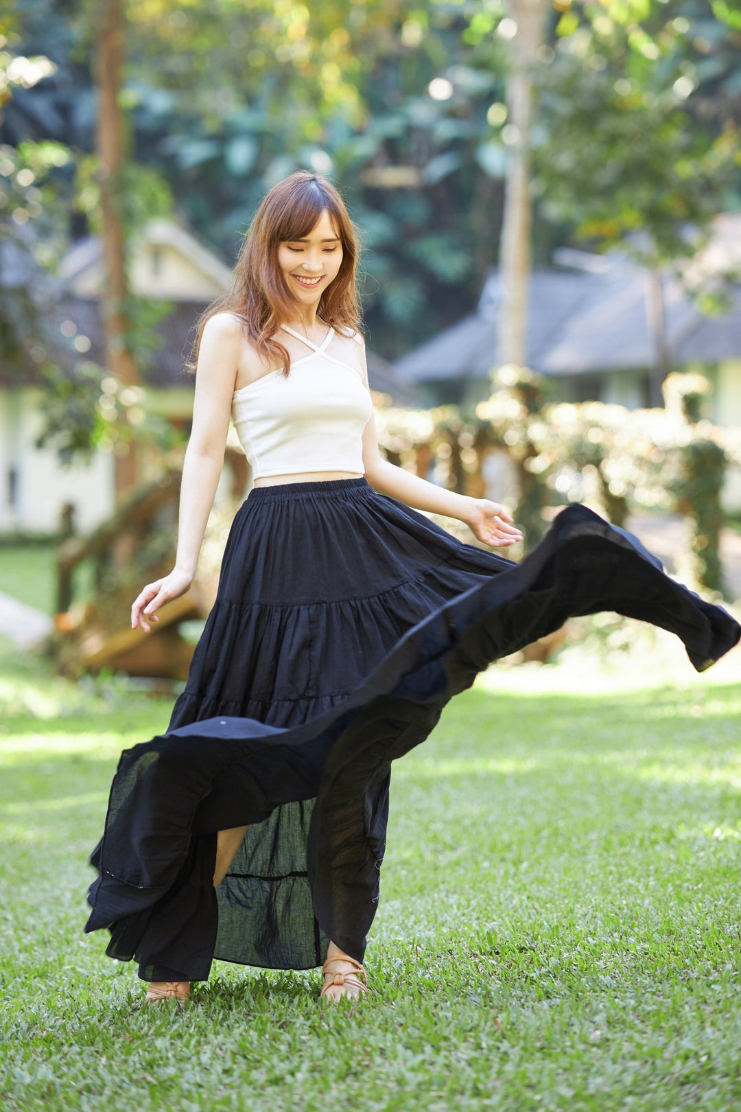 BLACK COTTON MAXI RUFFLE SKIRT - Lannaclothesdesign Shop