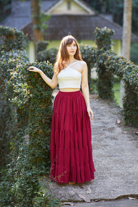Burgundy Long Cotton Ruffle Maxi Skirt