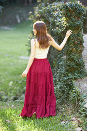 Burgundy Long Cotton Ruffle Maxi Skirt