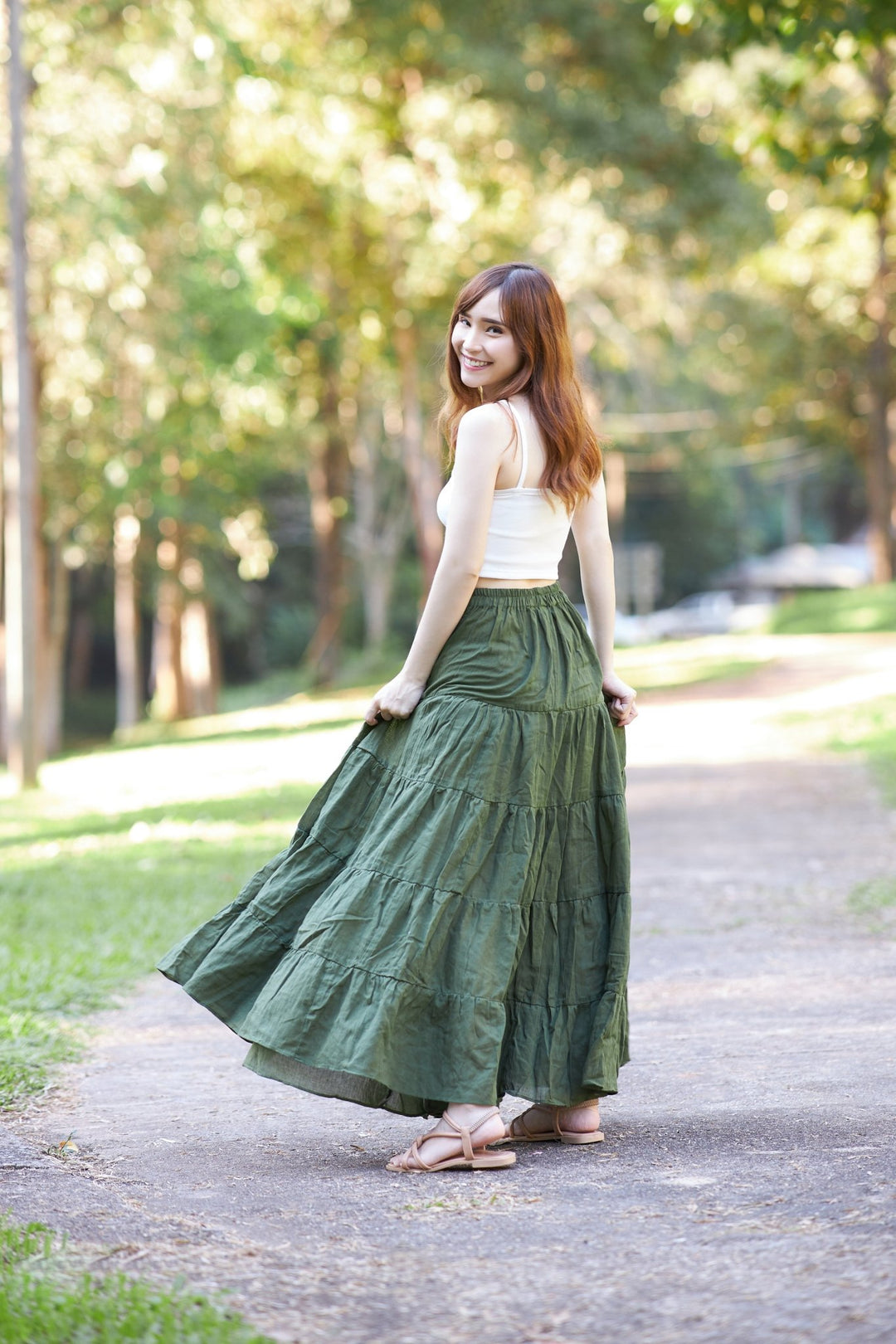 GREEN COTTON MAXI RUFFLE SKIRT - Lannaclothesdesign Shop