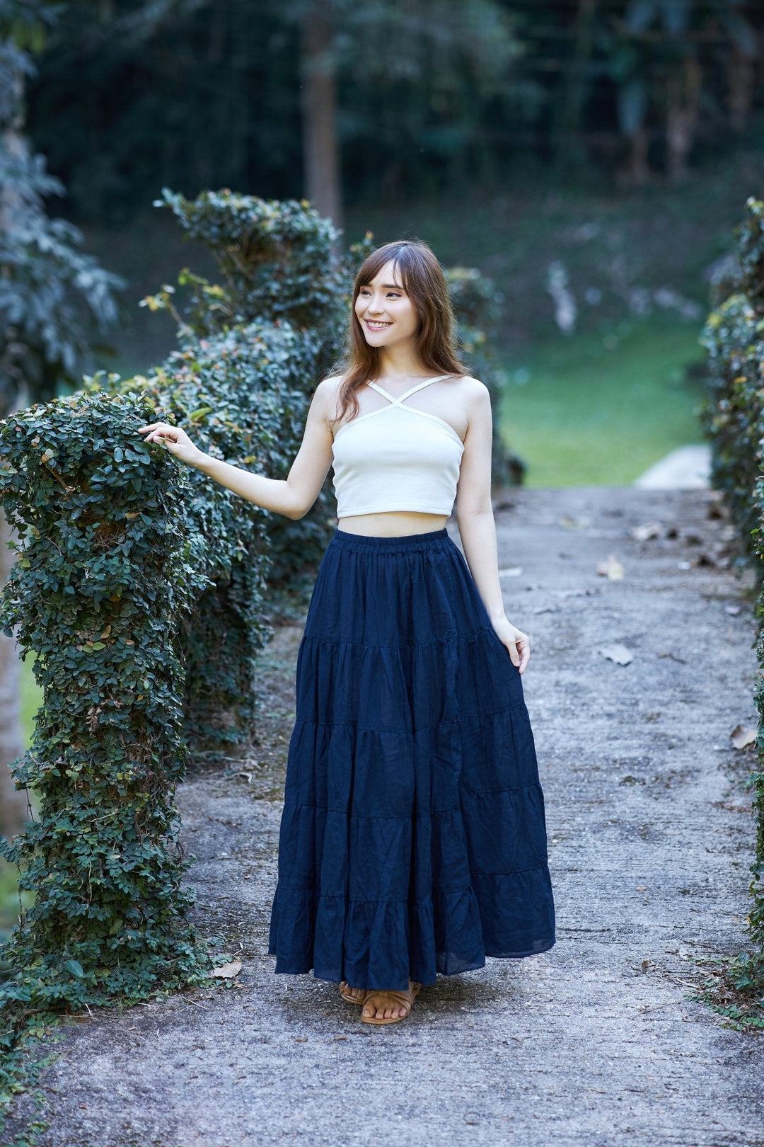 DARK BLUE COTTON MAXI RUFFLE SKIRT - Lannaclothesdesign Shop