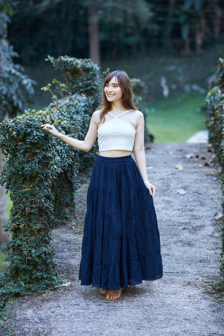 DARK BLUE COTTON MAXI RUFFLE SKIRT - Lannaclothesdesign Shop