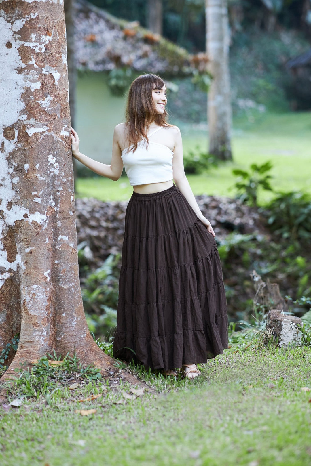 BROWN COTTON MAXI RUFFLE SKIRT - Lannaclothesdesign Shop