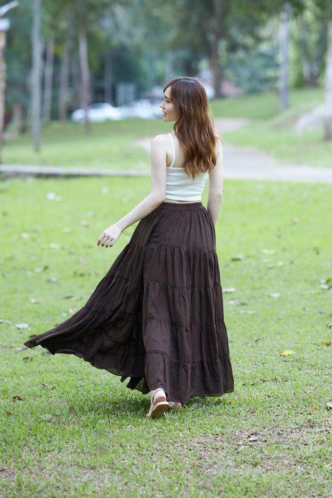 BROWN COTTON MAXI RUFFLE SKIRT