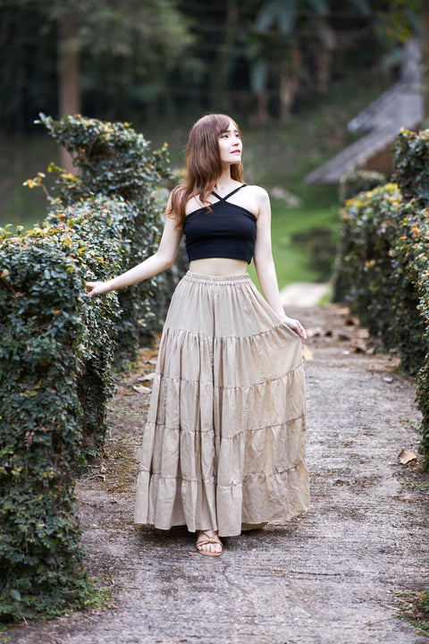 BEIGE COTTON MAXI RUFFLE SKIRT