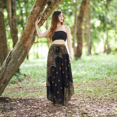 BLACK PEACOCK FLOWER LONG SKIRT