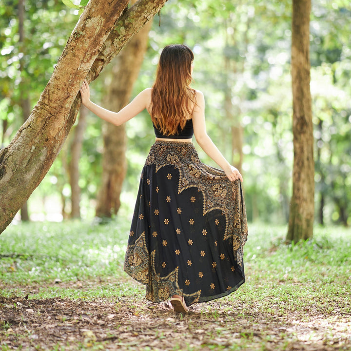 BLACK PEACOCK FLOWER LONG SKIRT - Lannaclothesdesign Shop