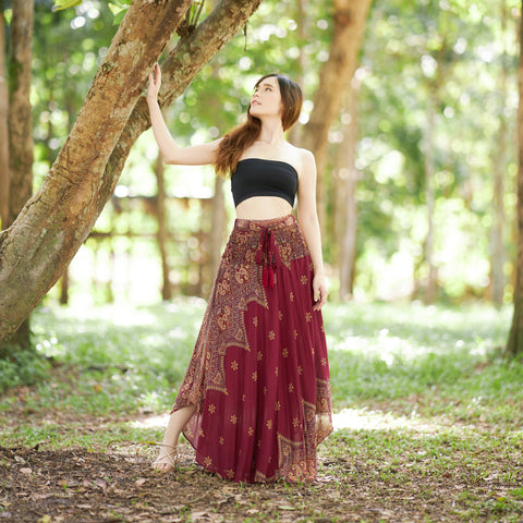 BURGUNDY FLOWY BOHO SKIRT