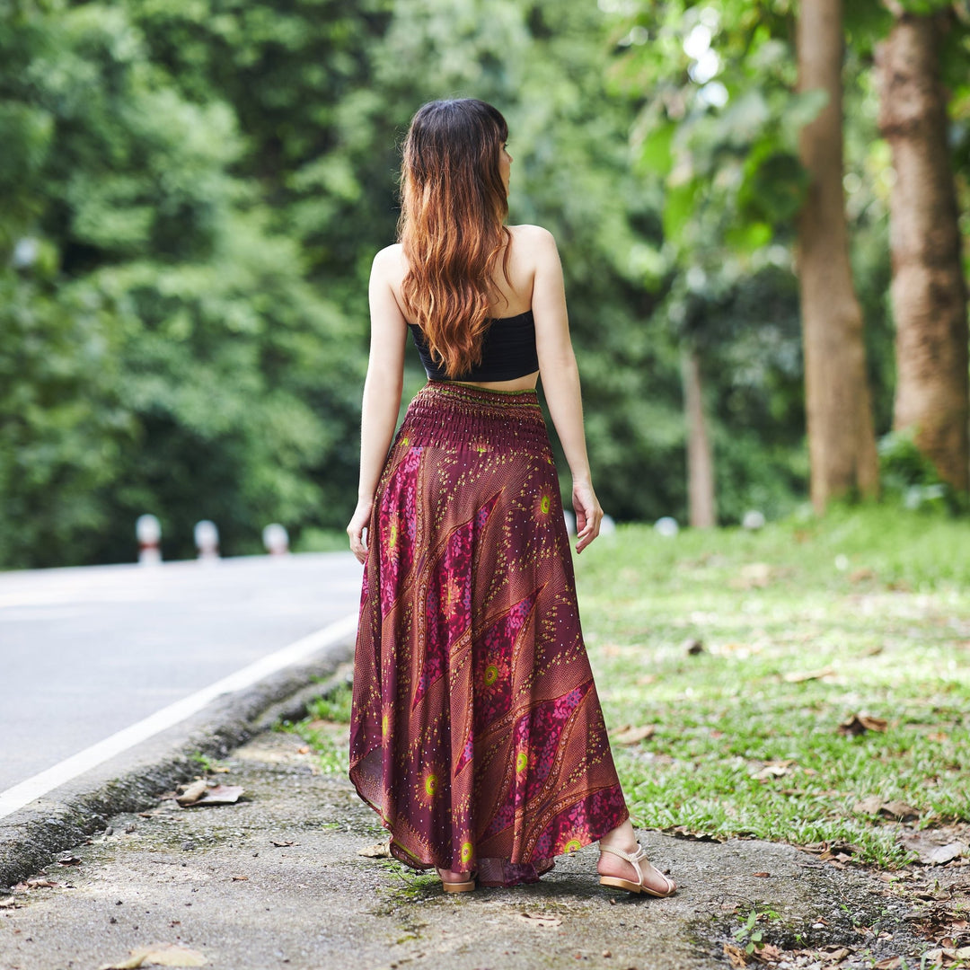 BURGUNDY FLOWER BOHO SKIRT - Lannaclothesdesign Shop
