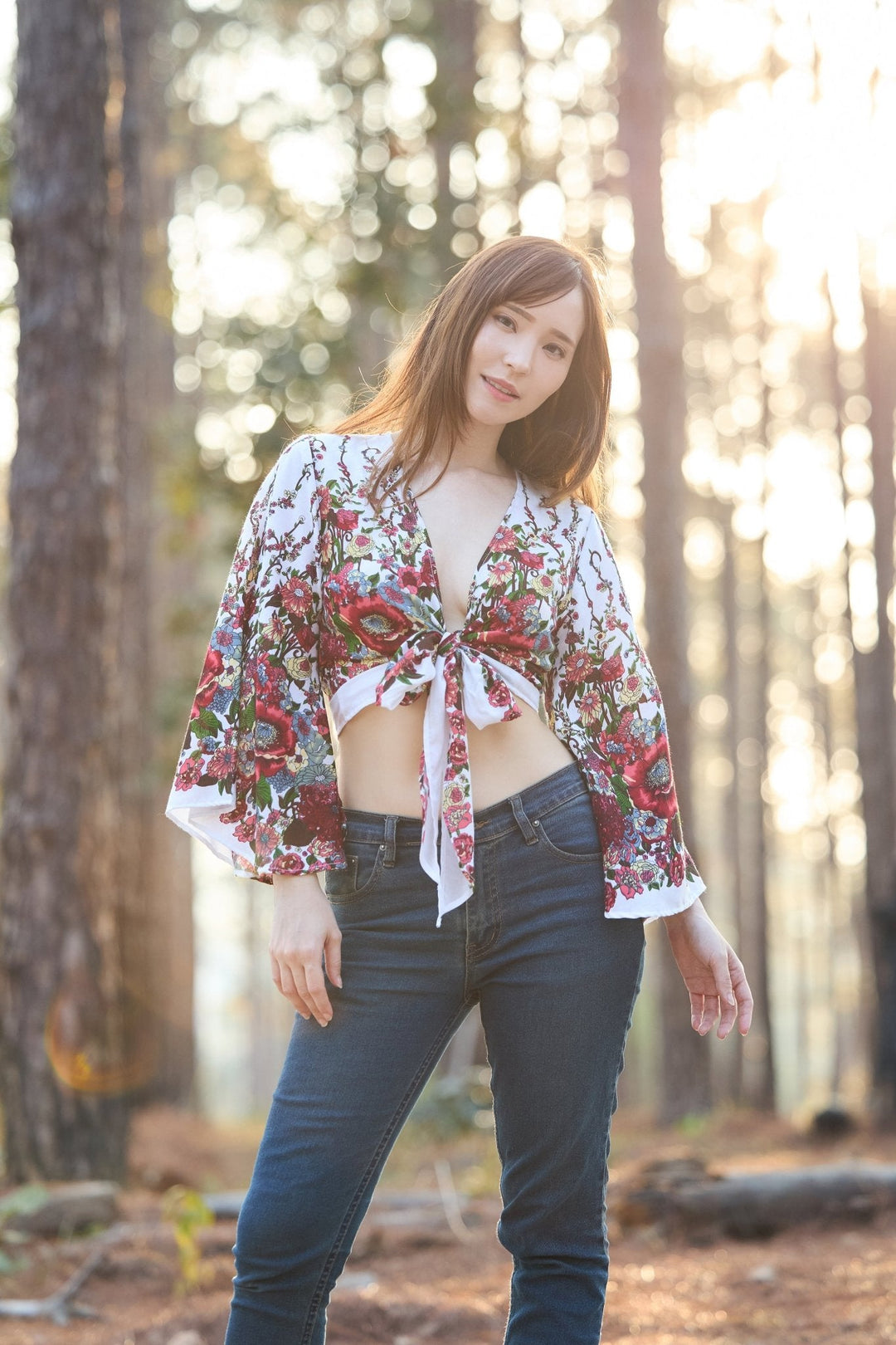 Flower Women Boho Wrap Top - Casual Shirt - White - Lannaclothesdesign Shop