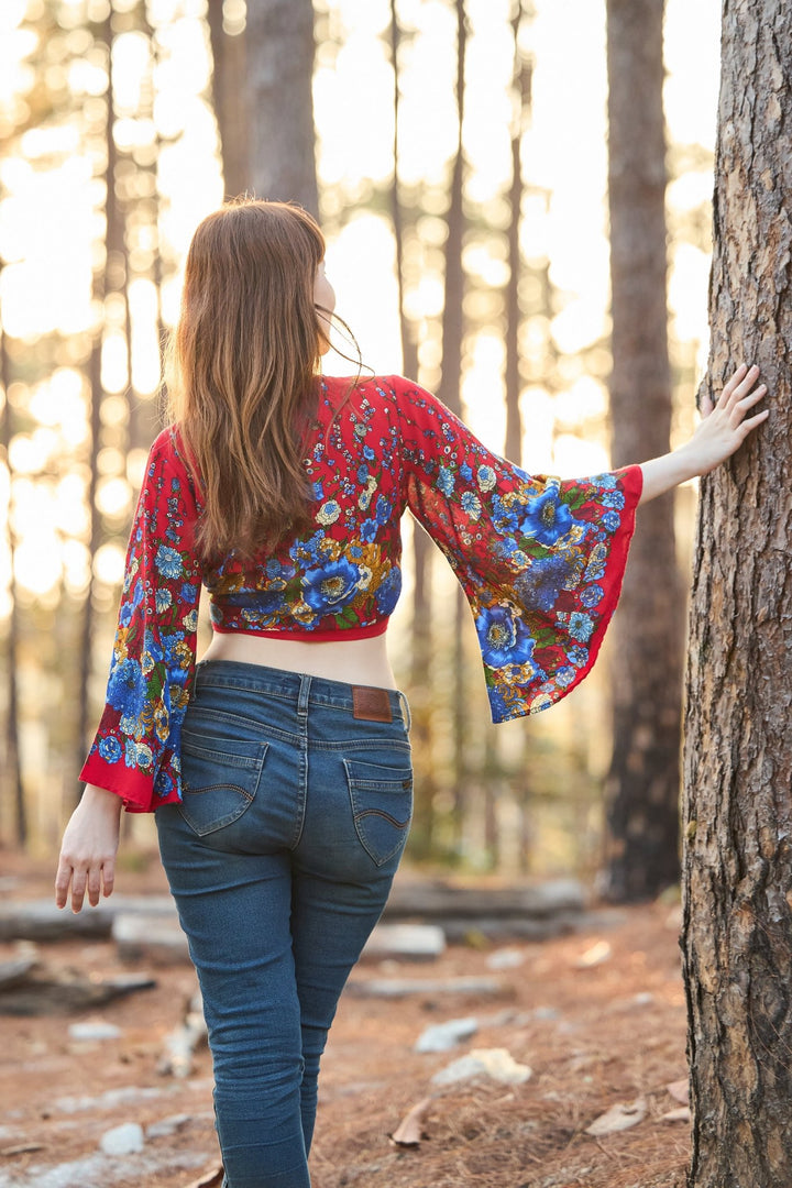 Flower Women Boho Wrap Top - Casual Shirt - Red - Lannaclothesdesign Shop