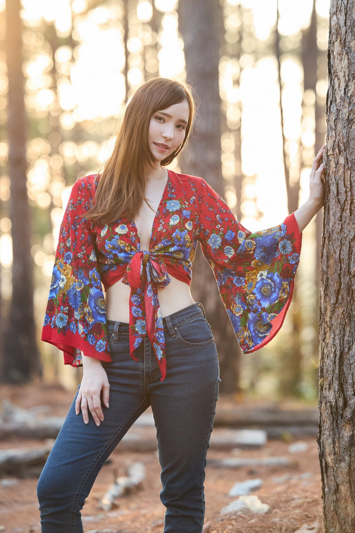 Flower Women Boho Wrap Top - Casual Shirt - Red - Lannaclothesdesign Shop