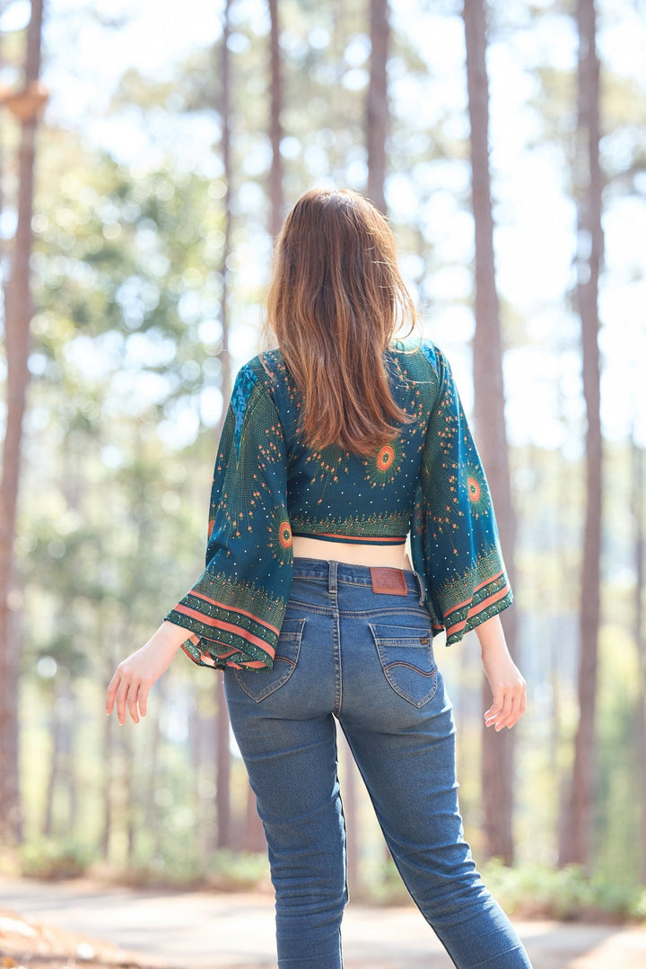 Flower Eye Women Boho Wrap Top - Casual Shirt - Teal - Lannaclothesdesign Shop