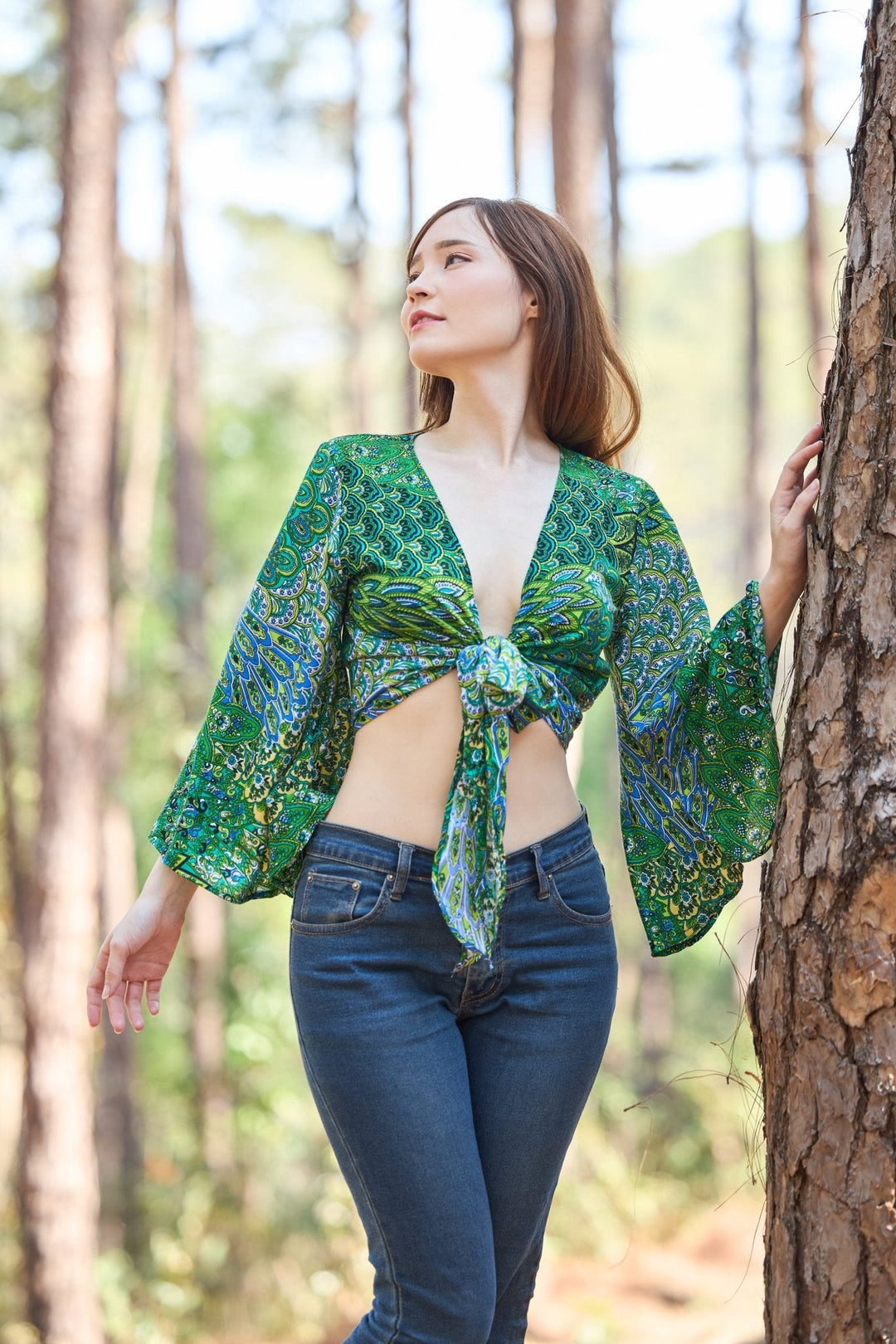 Colorful Peacock Women Boho Wrap Top - Casual Shirt - Green - Lannaclothesdesign Shop