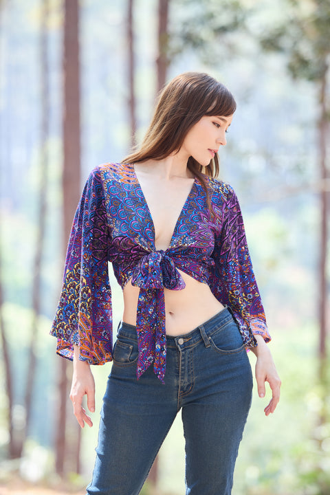 Colorful Peacock Women Boho Wrap Top - Casual Shirt - Purple