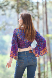 Colorful Peacock Women Boho Wrap Top - Casual Shirt - Purple