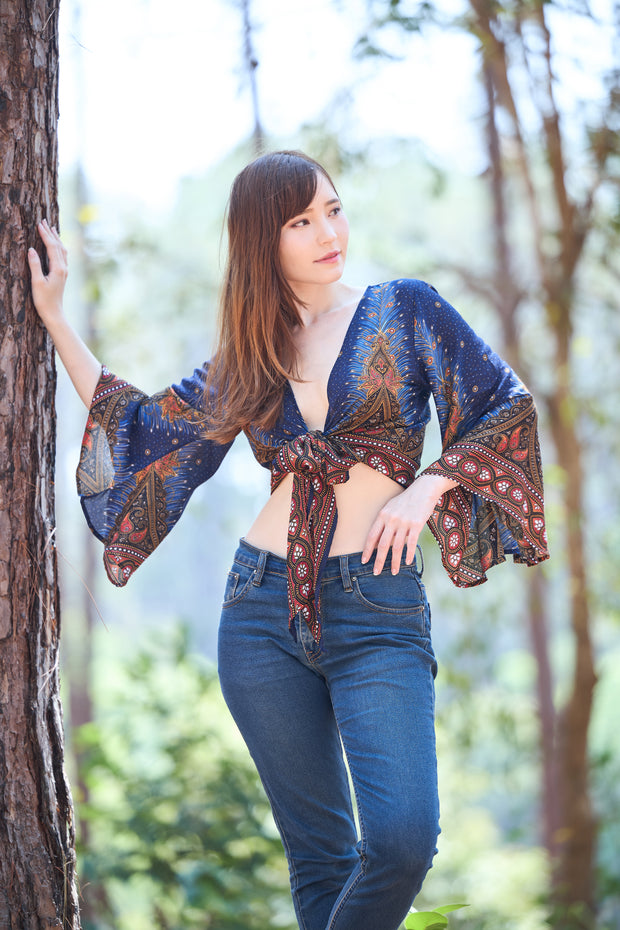 Peacock Women Boho Wrap Top - Casual Shirt - Dark Blue