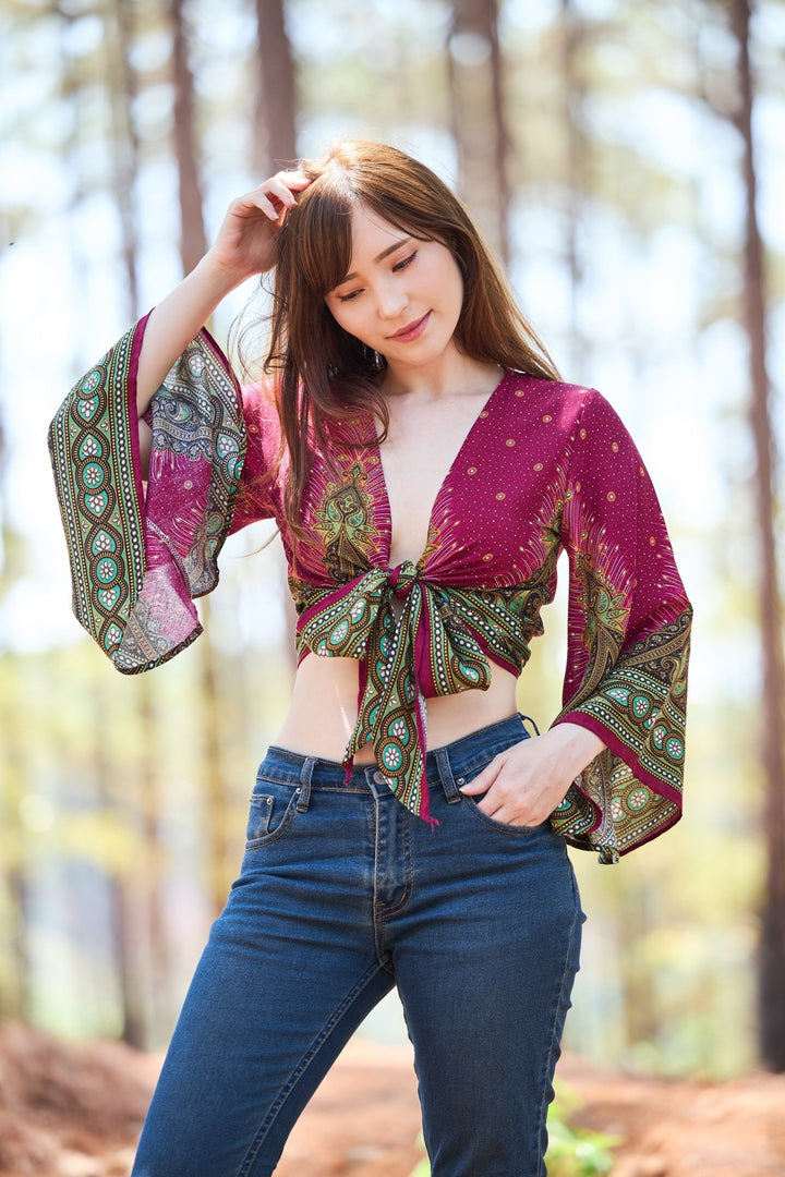 Peacock Women Boho Wrap Top - Casual Shirt - Burgundy - Lannaclothesdesign Shop