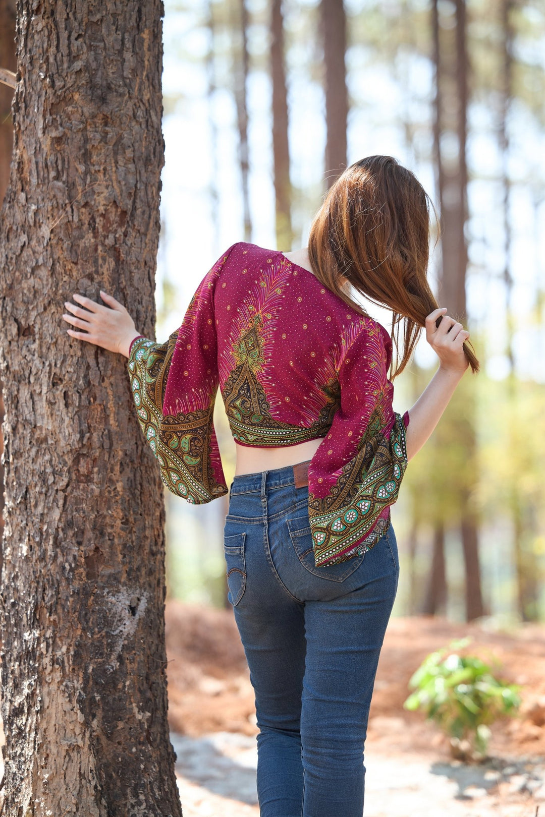 Peacock Women Boho Wrap Top - Casual Shirt - Burgundy - Lannaclothesdesign Shop