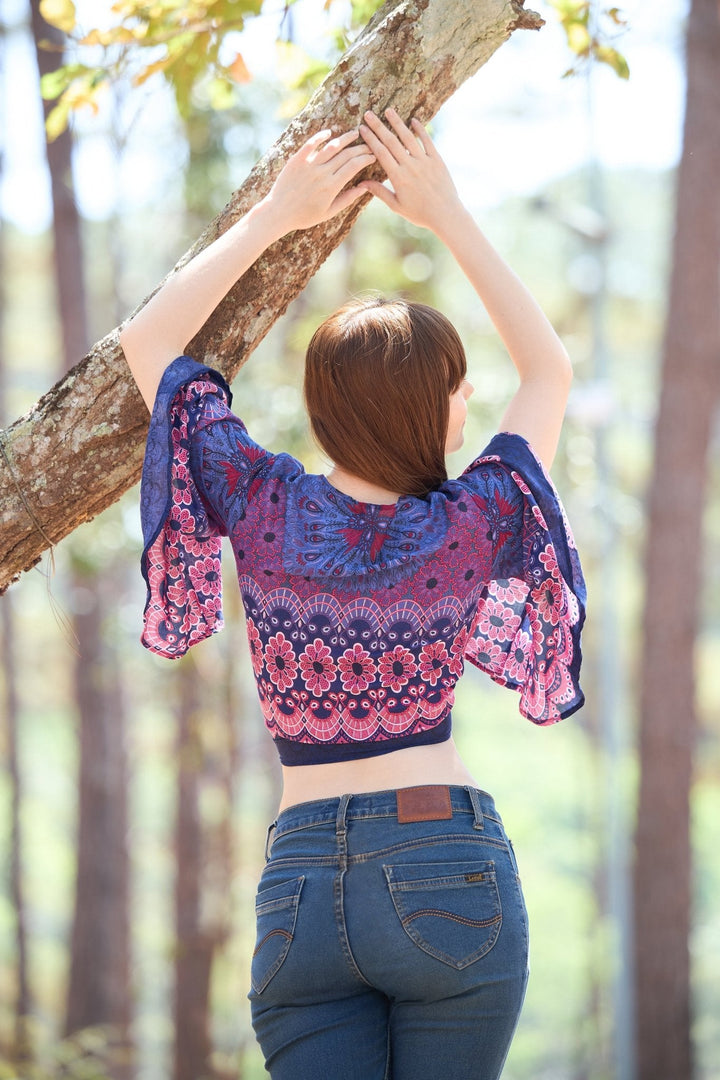 Flower Mandala Women Boho Wrap Top - Casual Shirt - Dark Blue - Lannaclothesdesign Shop