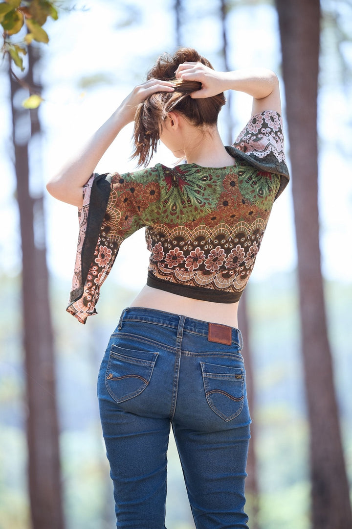 Flower Mandala Women Boho Wrap Top - Casual Shirt - Green - Lannaclothesdesign Shop